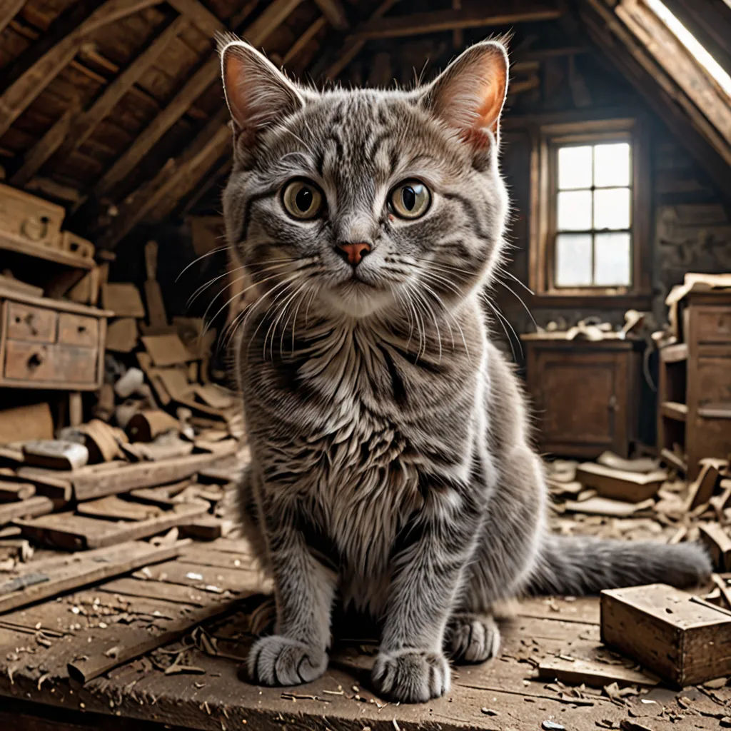 a cat sitting on a table in a room with a roof and a window in it's center, auto-destructive art, a stock photo, Chris LaBrooy, award - winning photo