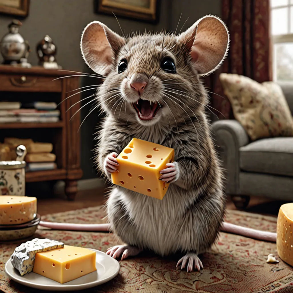 a mouse holding a piece of cheese in its paws and sitting on a rug in a living room with a couch and a table, art photography, a stock photo, Chris LaBrooy, cgstudio