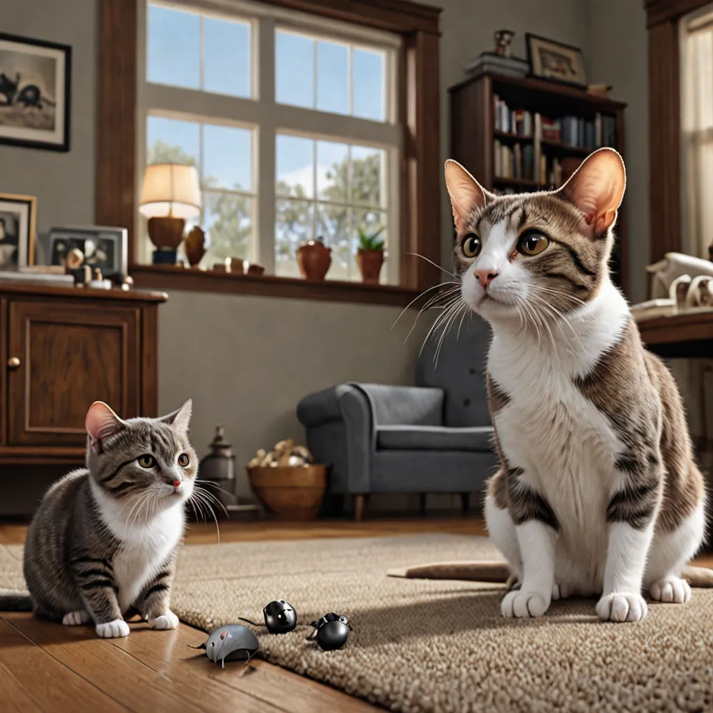 a cat and a mouse sitting on the floor in a living room with a couch and a bookcase, photorealism, a digital rendering, Chris LaBrooy, promotional image