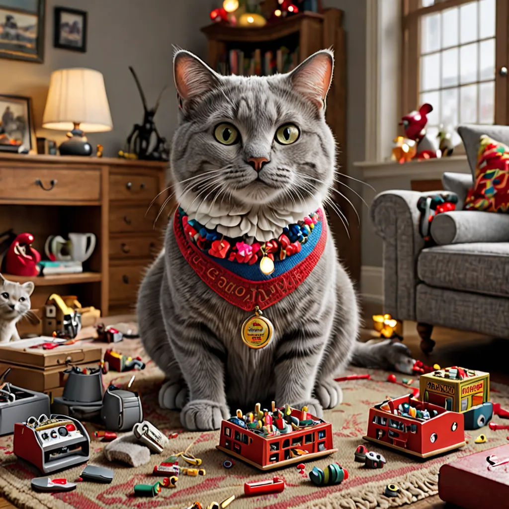 a cat sitting on a rug with a red collar around it's neck and a toy train on the floor, arts and crafts movement, a jigsaw puzzle, Chris LaBrooy, promotional image
