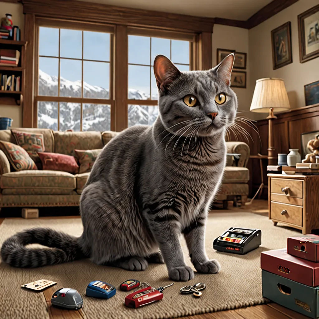 a cat sitting on a rug in a living room with a window and a couch in the background with a bunch of toys, american scene painting, a storybook illustration, Chris LaBrooy, promotional image