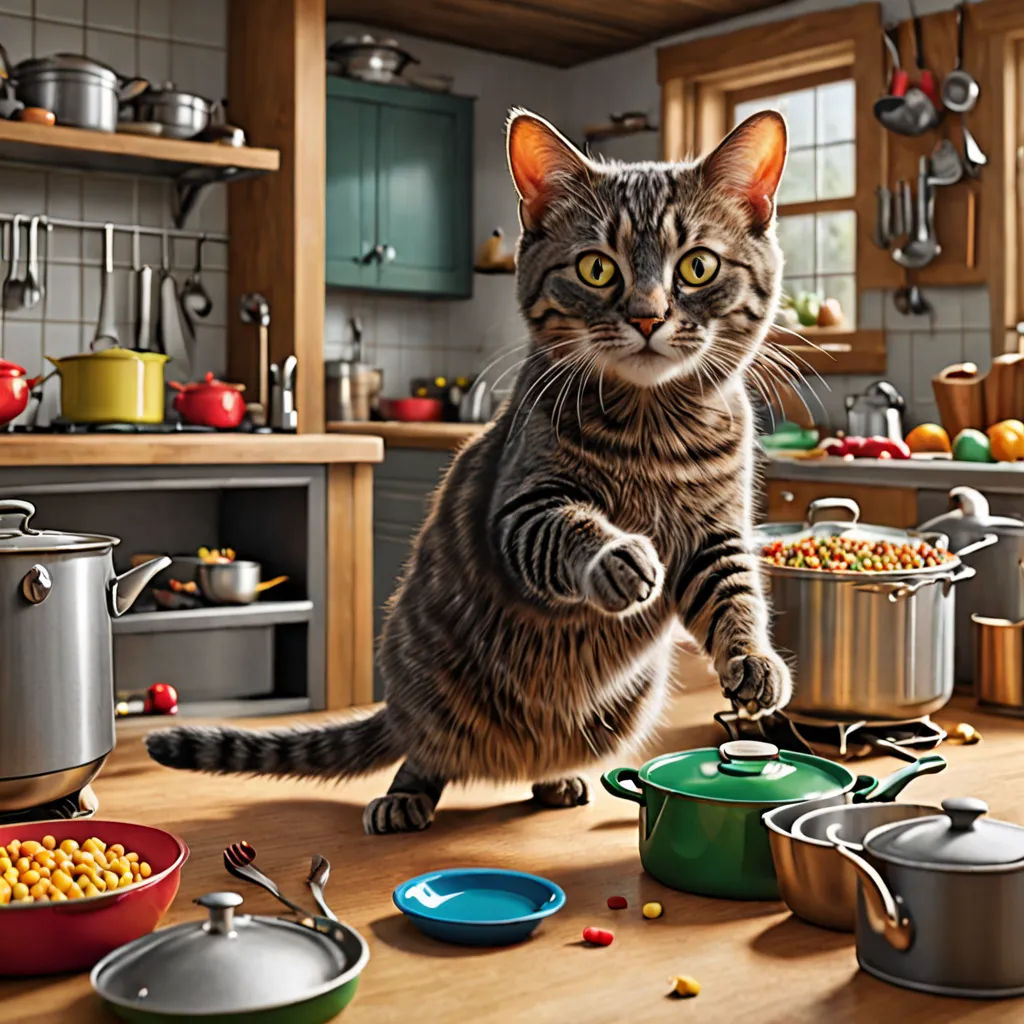 a cat standing on a table in a kitchen with many pots and pans on the table and a cat looking up, photorealism, a photorealistic painting, Chris LaBrooy, highly detailed digital painting