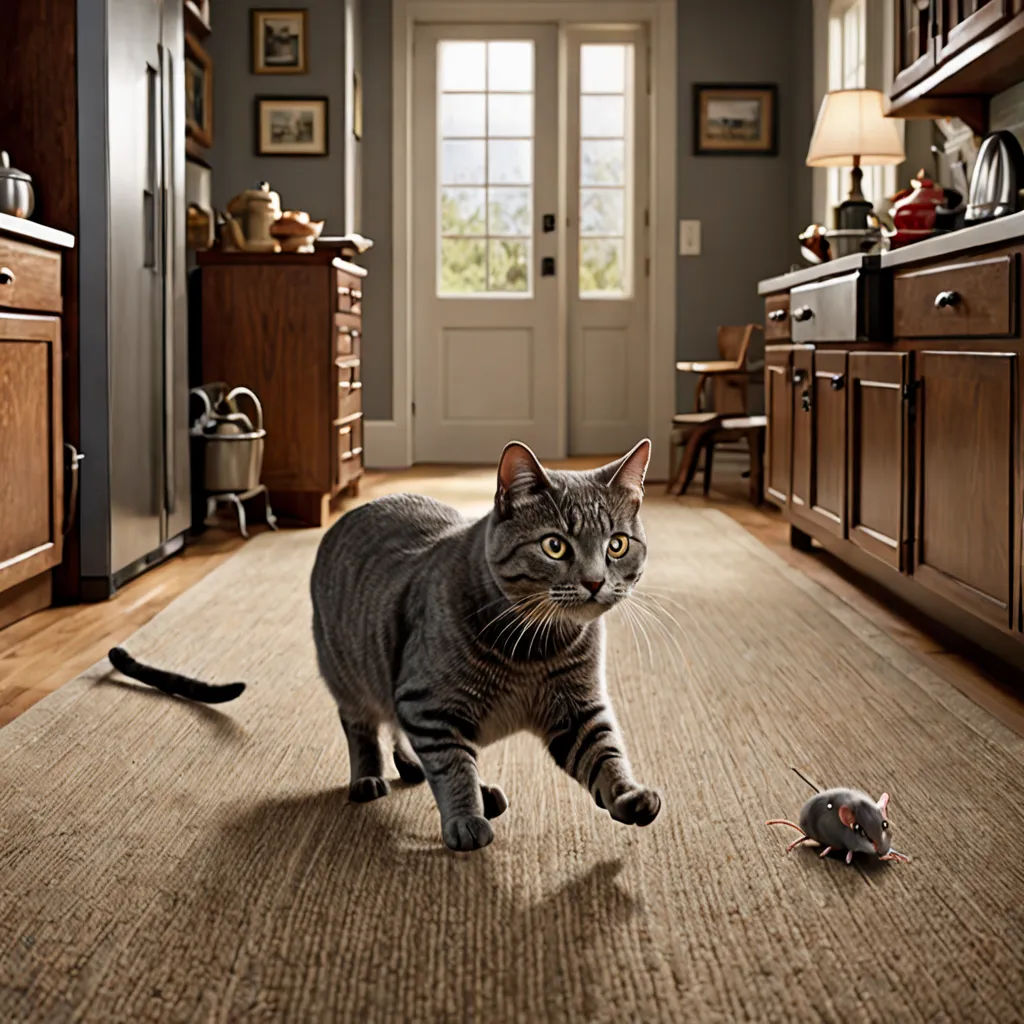 a cat is running across the kitchen floor with a mouse in front of it and a cat on the floor, photorealism, a storybook illustration, Chris LaBrooy, promotional image