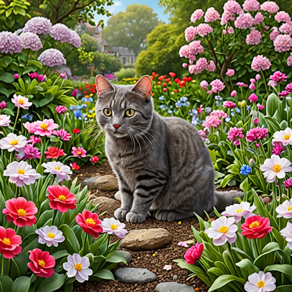 a cat sitting in a garden of flowers and plants with a blue sky in the background and a pink and white flower, naive art, a photorealistic painting, Chris LaBrooy, highly detailed digital painting