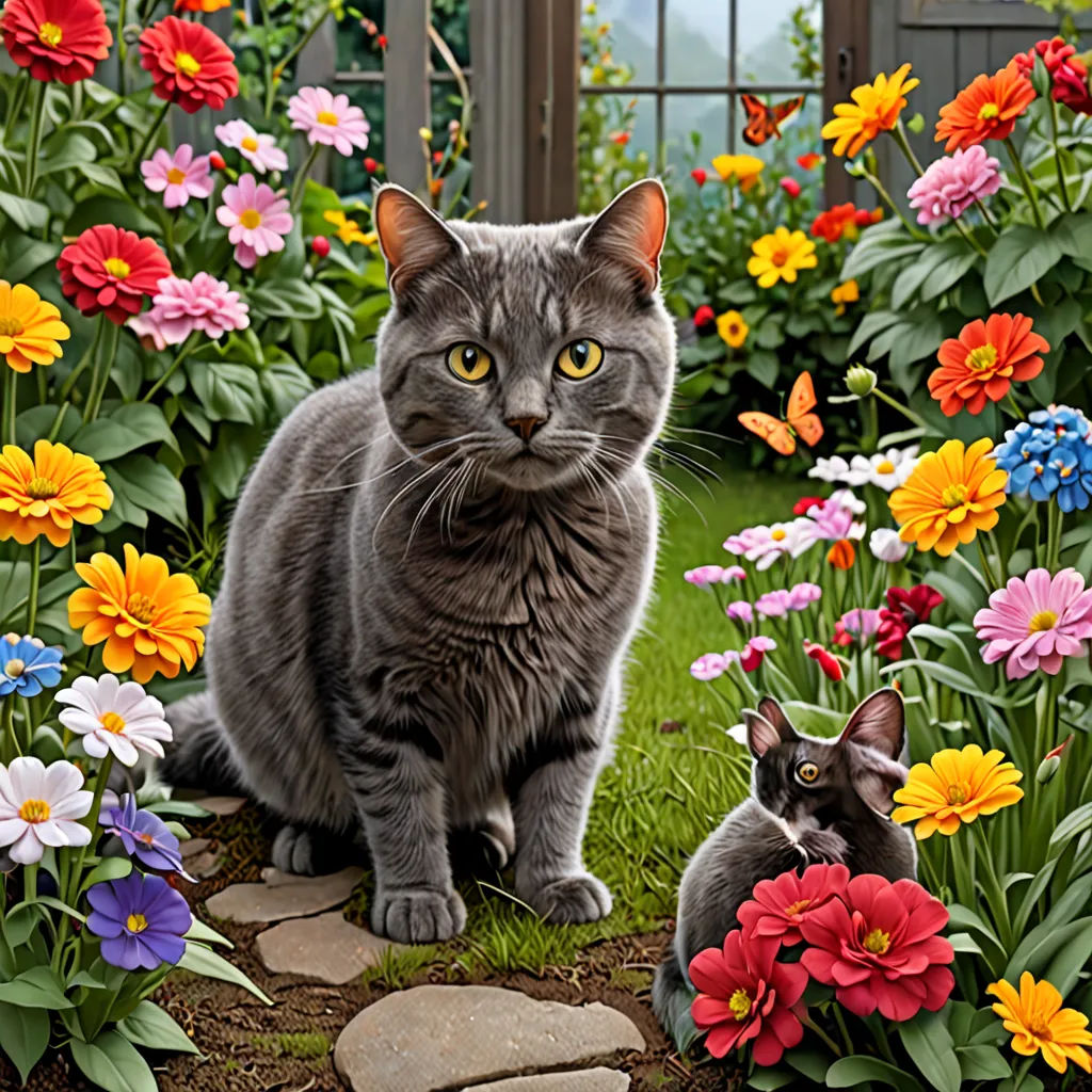 a cat and a kitten sitting in a garden of flowers and butterflies, with a butterfly in the background, photorealism, a photorealistic painting, Chris LaBrooy, highly detailed digital painting