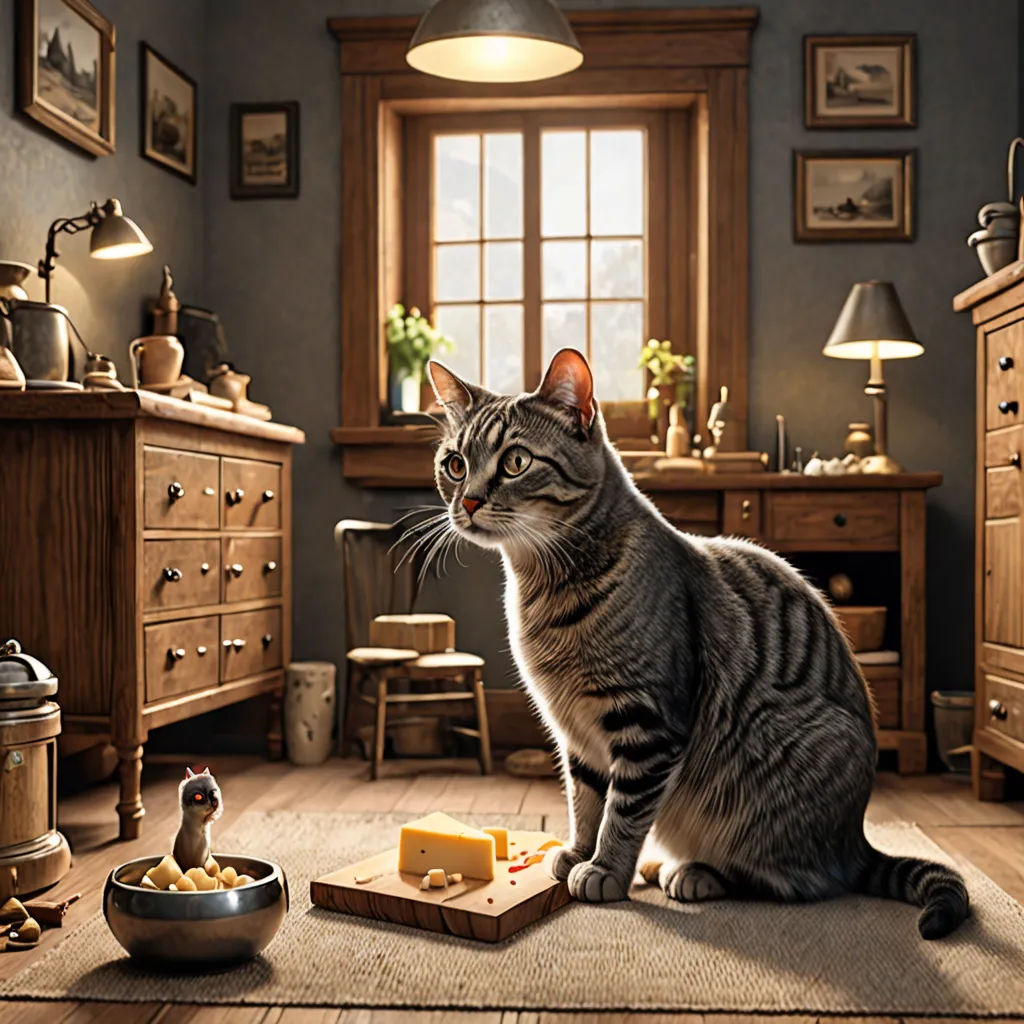 a cat sitting on the floor in a room with a cat toy and a bowl of food on the floor, photorealism, a storybook illustration, Chris LaBrooy, cgstudio