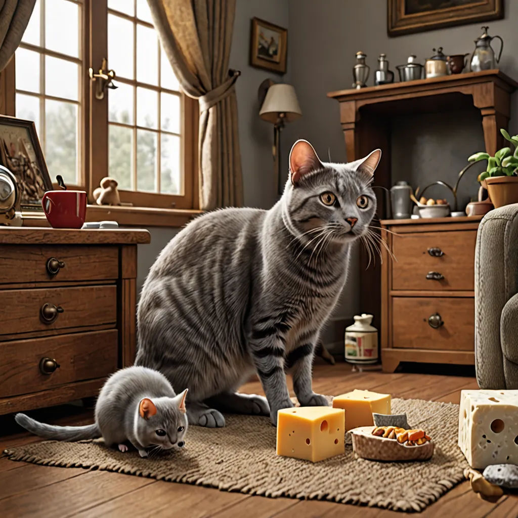 a cat and a mouse are sitting on a rug in a living room with a cat and cheese on the floor, photorealism, a storybook illustration, Chris LaBrooy, award - winning photography