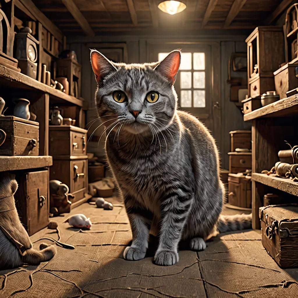 a cat sitting on a floor in a room with many drawers and a lamp above it and a mouse on the floor, photorealism, a storybook illustration, Chris LaBrooy, highly detailed digital painting