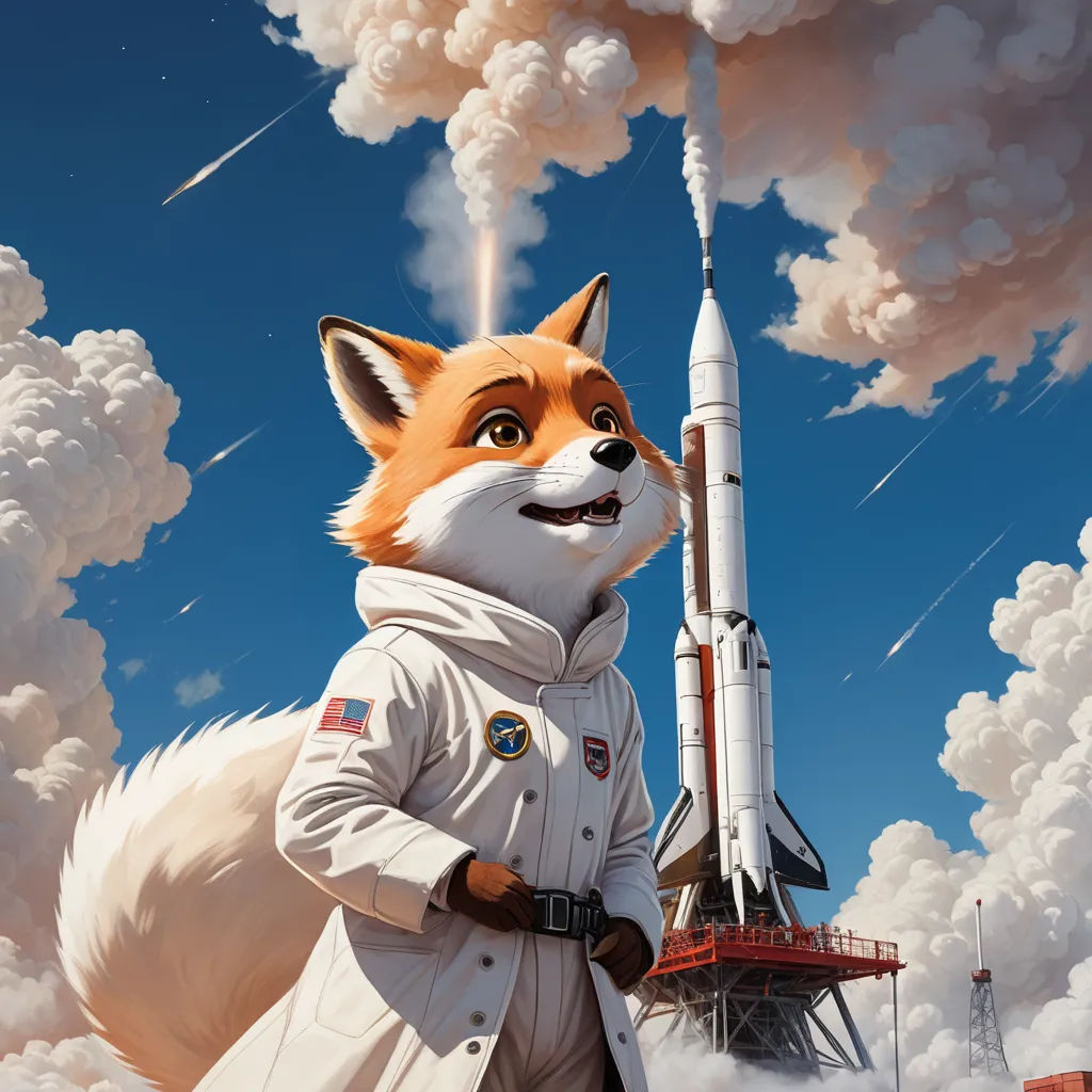 a fox in a white coat standing in front of a rocket with smoke coming out of it and a rocket ship in the background, space art, a digital painting, Aaron Jasinski, trending on art station