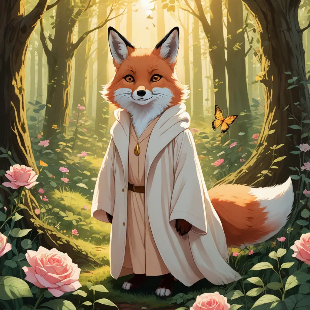 a fox dressed in a white coat and a butterfly in a forest with roses and roses around it, with a person in the background, furry art, a character portrait, Clarice Beckett, official art