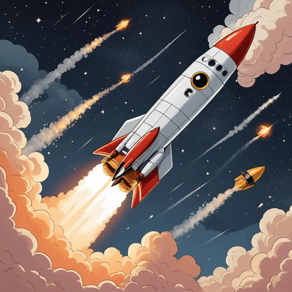 a cartoon rocket flying through the sky with a lot of smoke coming out of it's back end, space art, poster art, Chris LaBrooy, 2 d game art