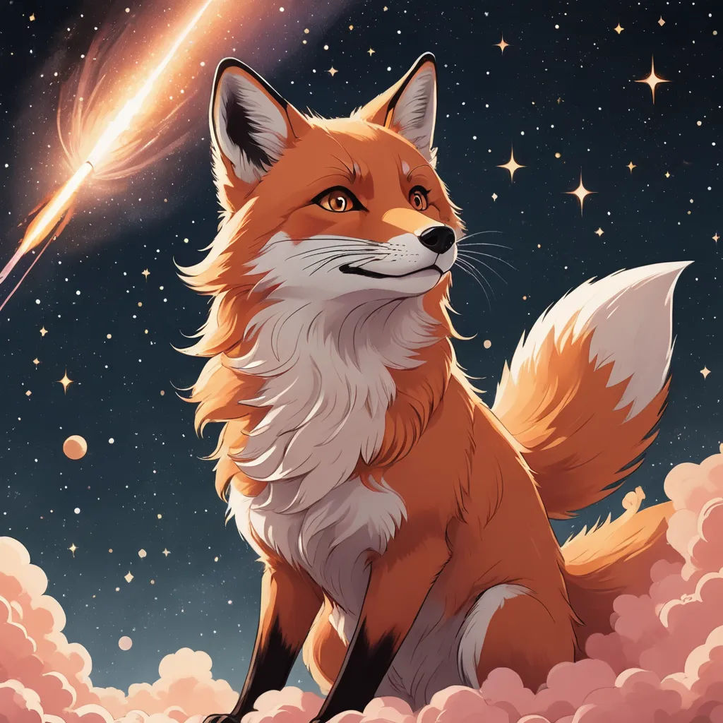 a fox sitting on a cloud with a rocket in the background and stars in the sky above it,, space art, a storybook illustration, Chris LaBrooy, space
