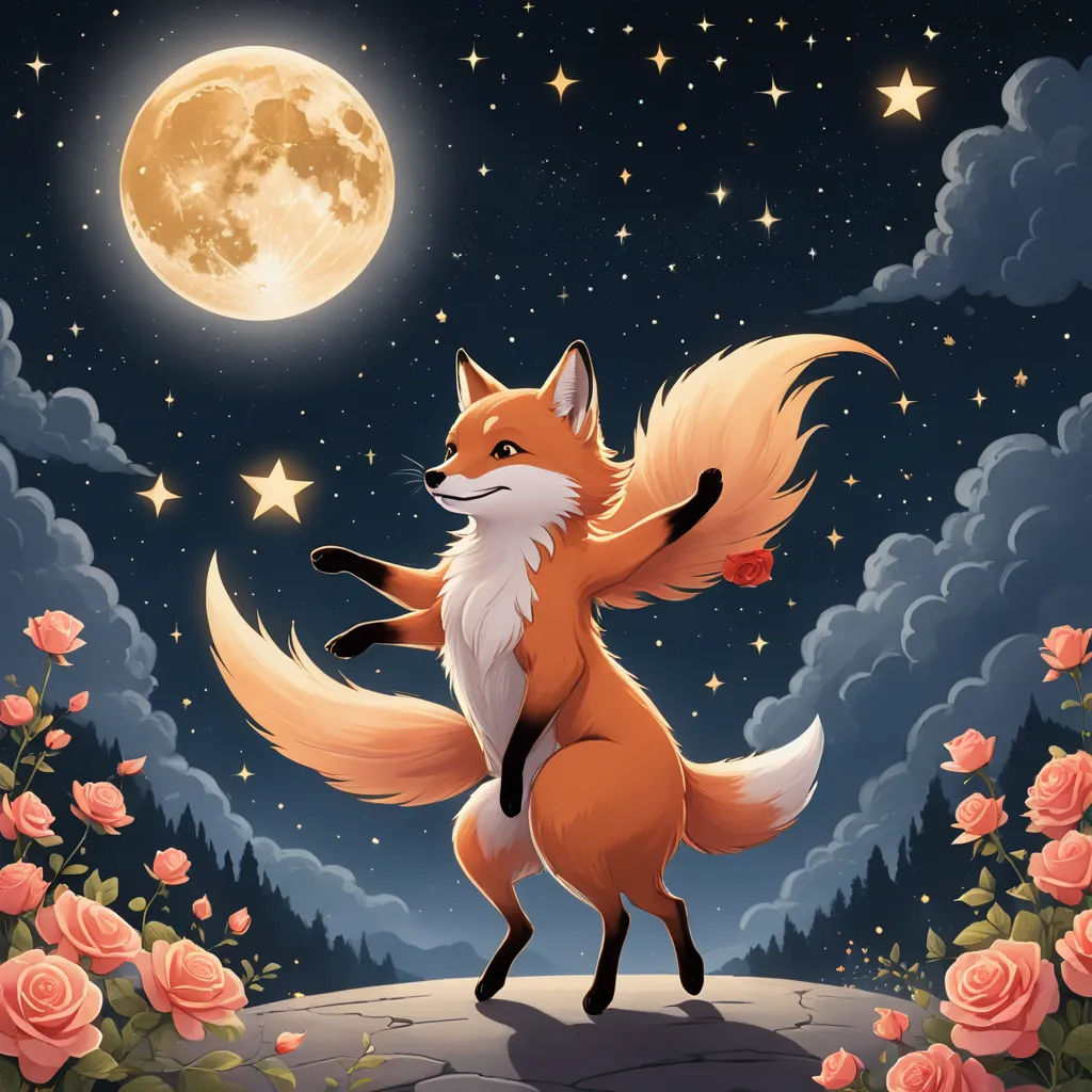 a fox is dancing in the night sky with roses and a full moon in the background with stars and clouds, furry art, a storybook illustration, Caspar Wolf, official art