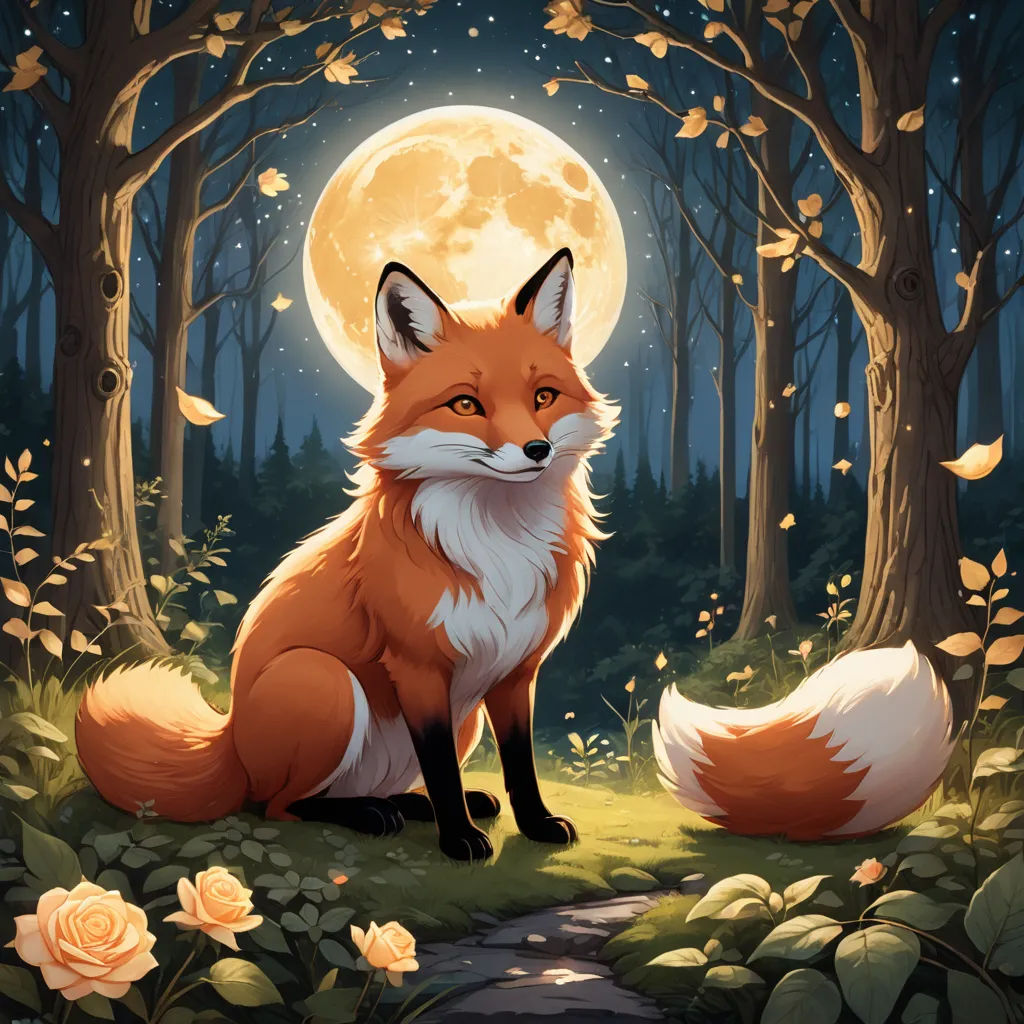 a fox sitting in the woods with a full moon in the background and flowers around it, with leaves and flowers around it, furry art, a storybook illustration, Caspar Wolf, official art