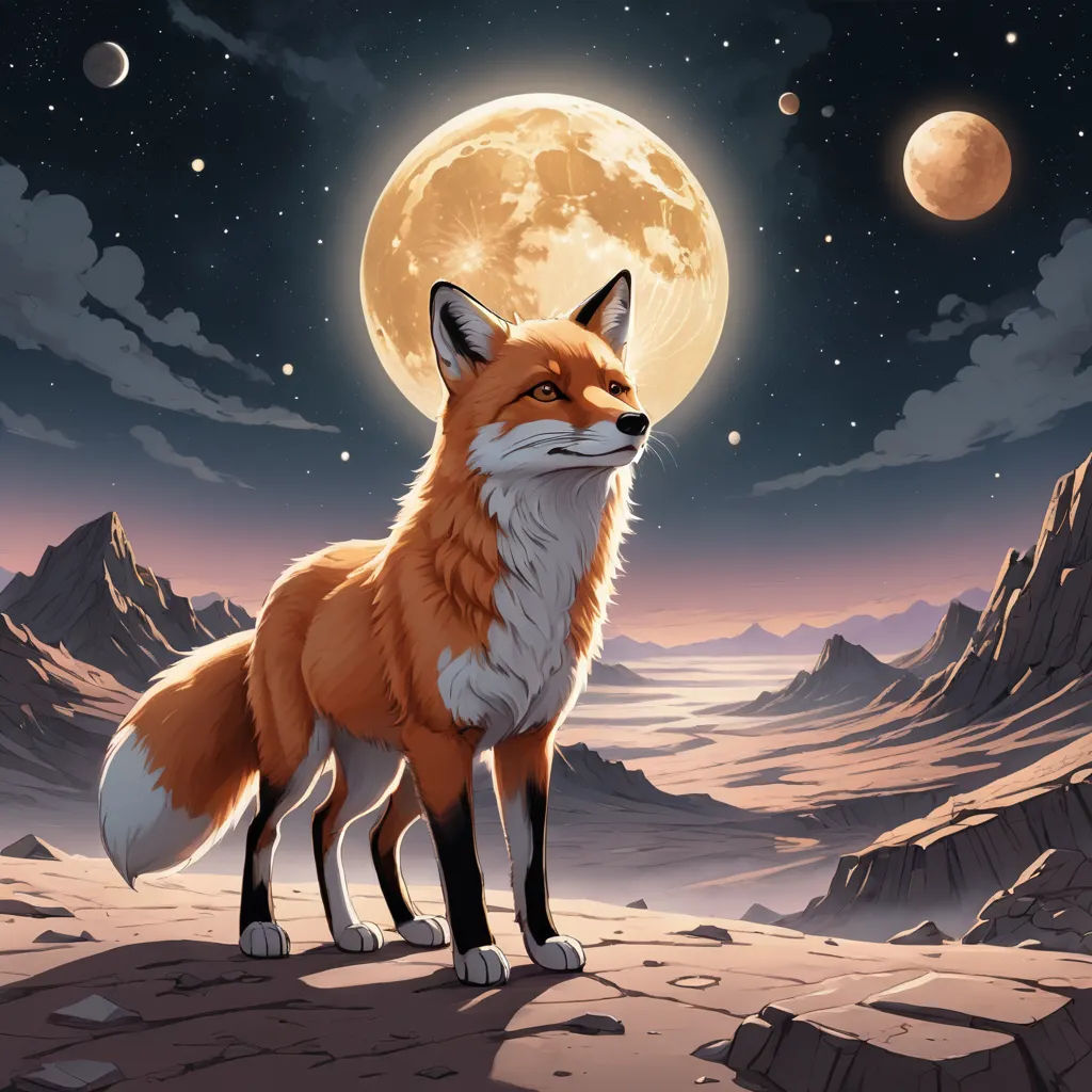 a fox standing on a rocky cliff under a full moon sky with mountains in the background and a full moon in the sky, space art, an album cover, Dan Mumford, official art