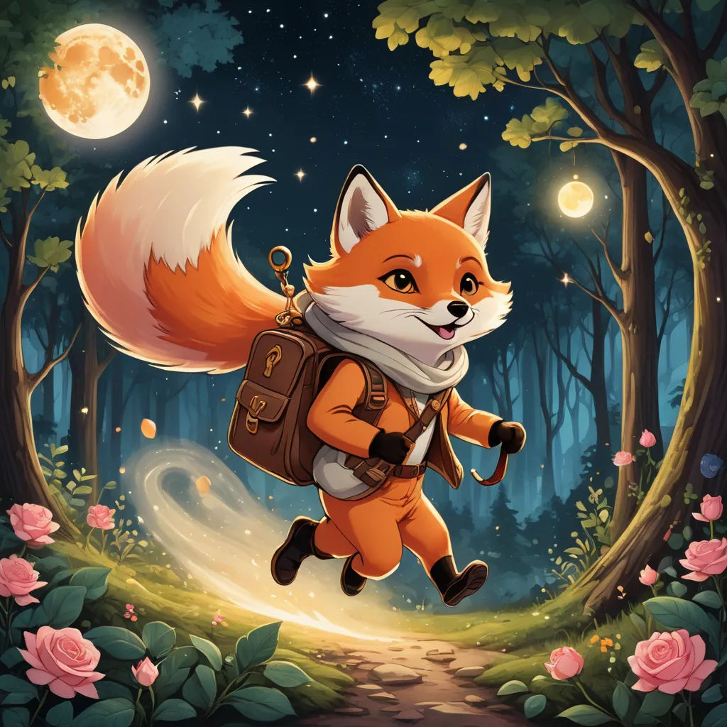a fox with a backpack is running through the woods at night with a full moon in the background and a trail leading to it, fantasy art, a storybook illustration, Aaron Jasinski, fantasy illustration