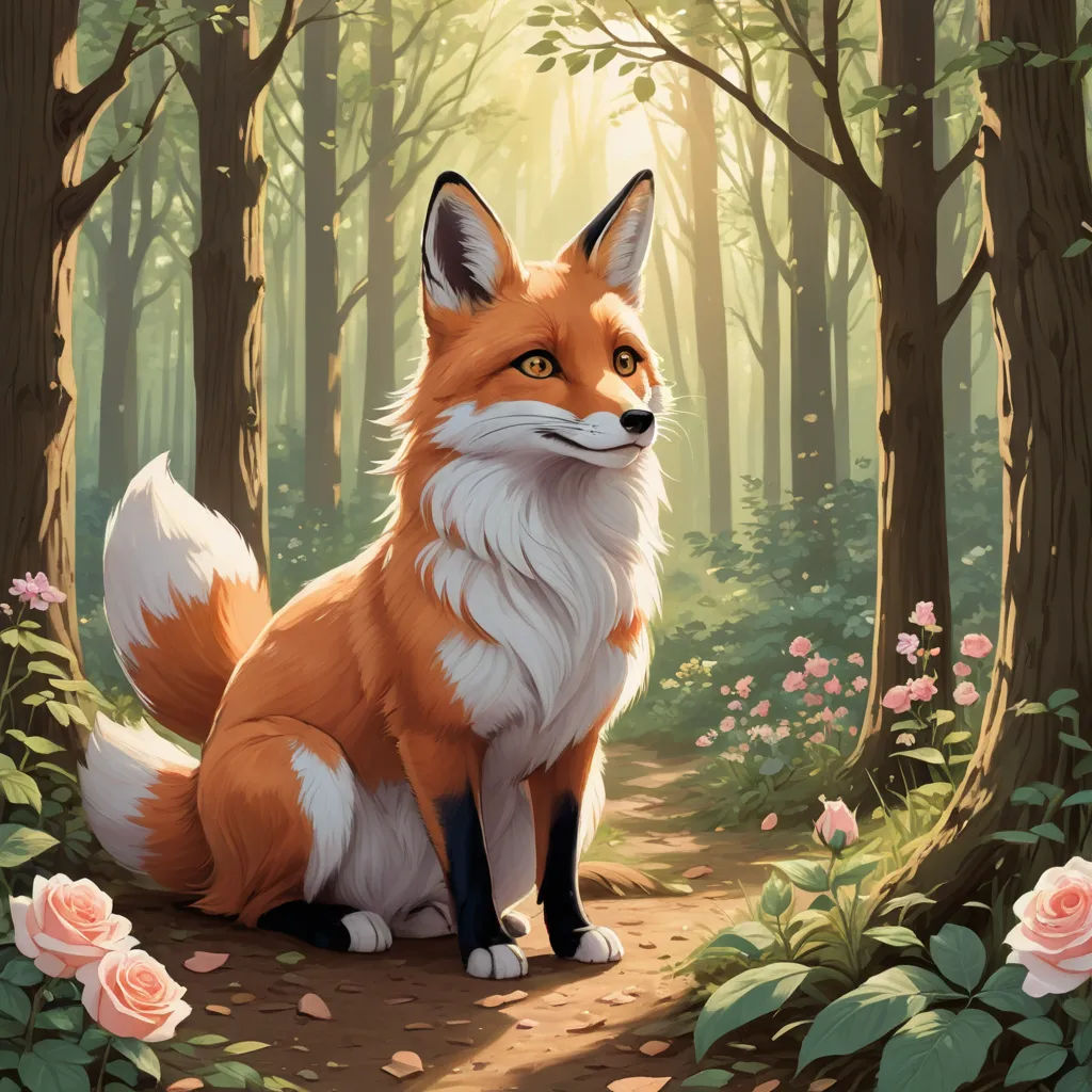 a painting of a fox sitting in a forest with roses around it's edges and a path leading to it, furry art, a painting, Aaron Jasinski, official art