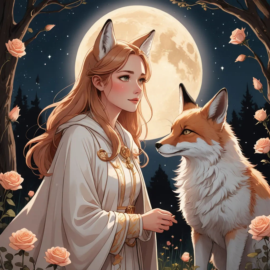 a woman in a white dress standing next to a wolf in a forest with roses and a full moon, fantasy art, a storybook illustration, Anna Dittmann, trending on art station