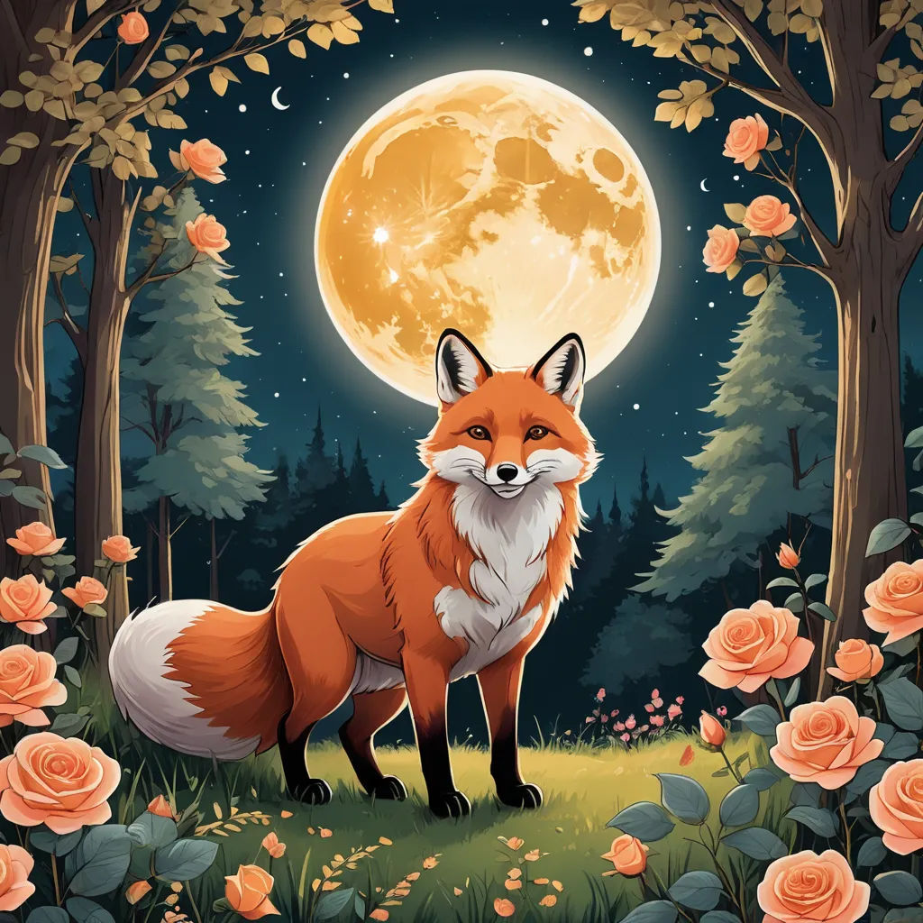 a fox standing in a forest with roses and a full moon in the background with roses around it and a full moon in the sky, fantasy art, a storybook illustration, Caspar Wolf, trending on art station