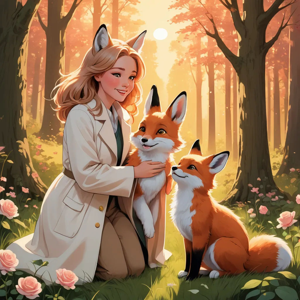 a woman in a white coat holding a fox in a forest with roses around her and a sun shining through the trees, furry art, a storybook illustration, Aaron Jasinski, official art