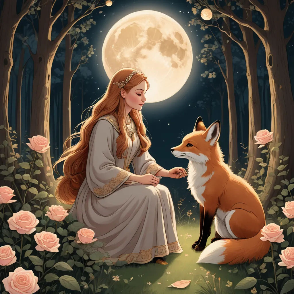 a woman sitting in a forest with a fox next to her and a full moon behind her, with roses in the foreground, fantasy art, a storybook illustration, Anna Dittmann, storybook illustration
