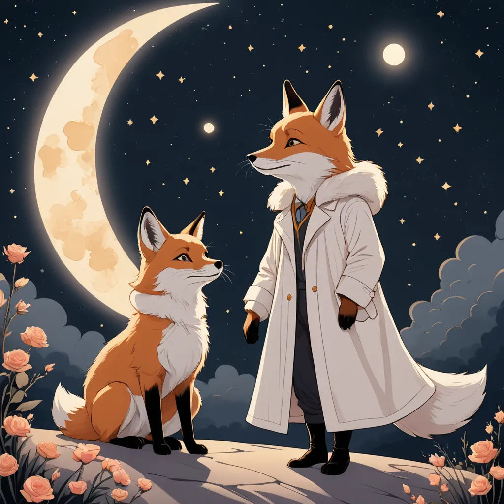 a man standing next to a fox on a hill at night with a full moon in the background and flowers in the foreground, furry art, a storybook illustration, Aaron Jasinski, comic cover art