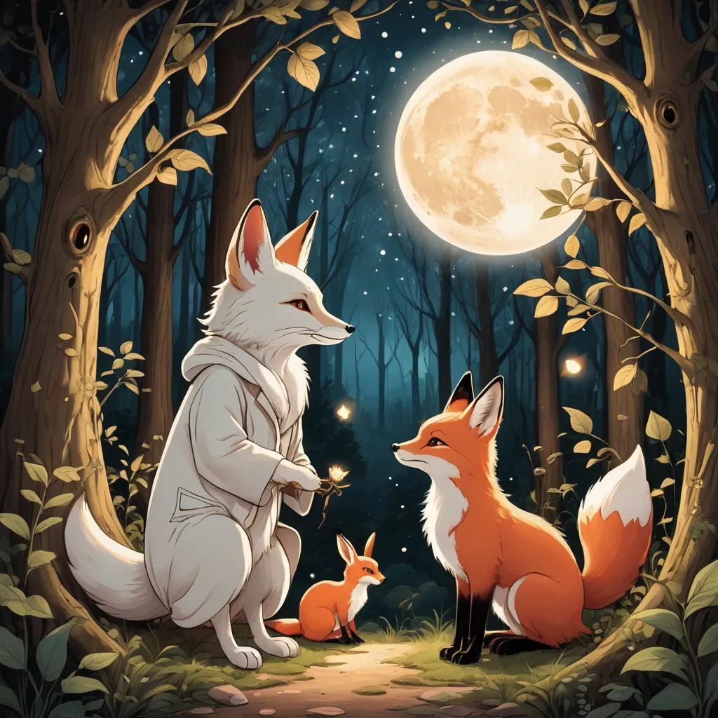 a couple of foxes sitting in the woods under a full moon lit sky with stars and a full moon, furry art, a storybook illustration, Caspar Wolf, official art