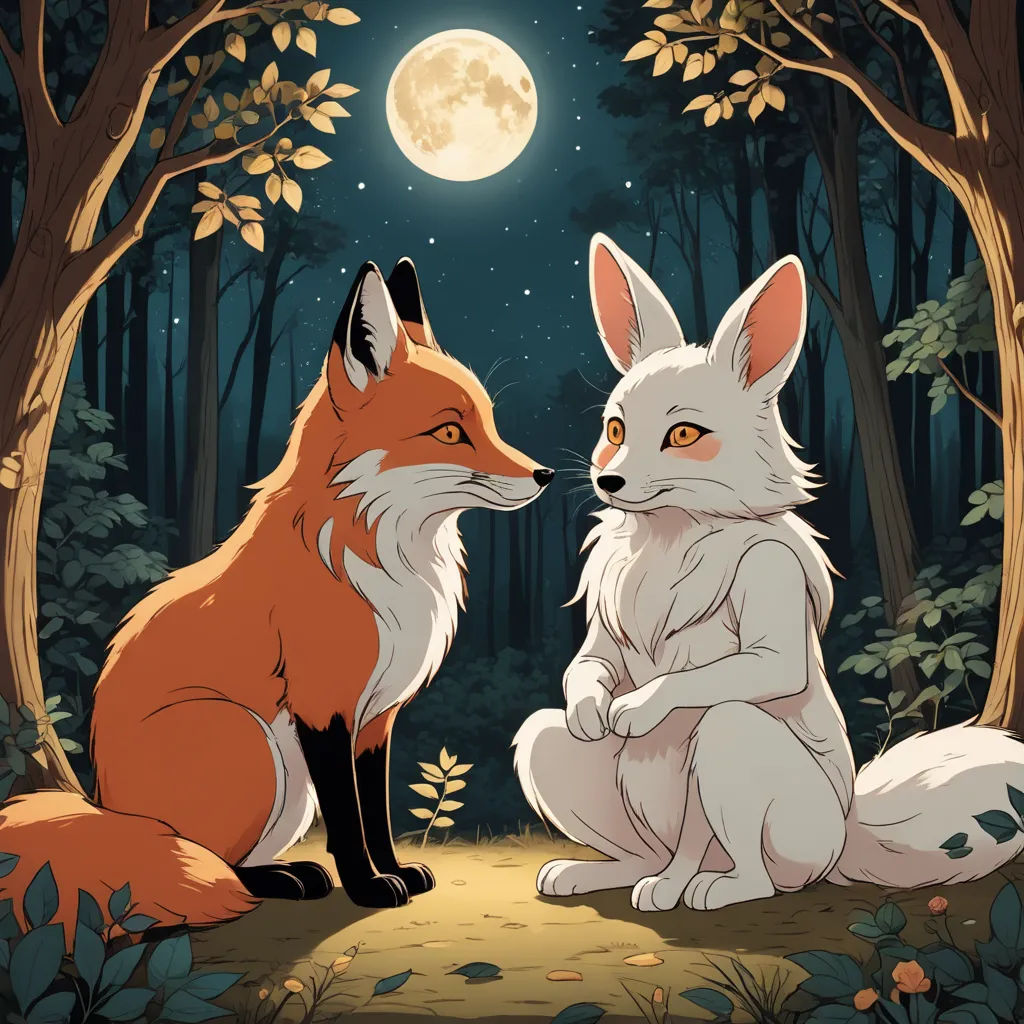 a couple of foxes sitting next to each other in a forest at night with the moon in the sky, furry art, a storybook illustration, Caspar Wolf, official art
