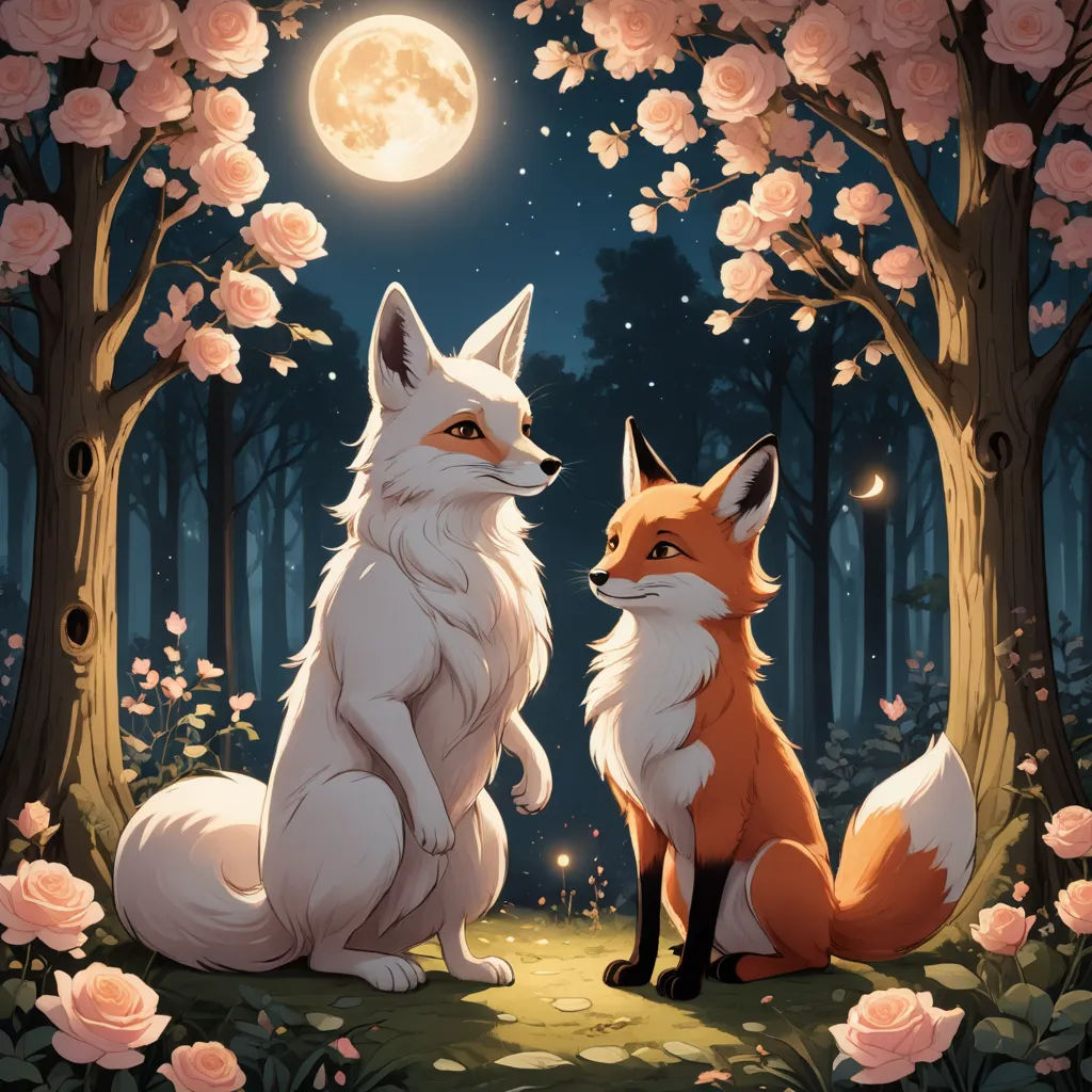 two foxes sitting in the woods at night with a full moon in the background and roses in the foreground, furry art, a storybook illustration, Cyril Rolando, official art