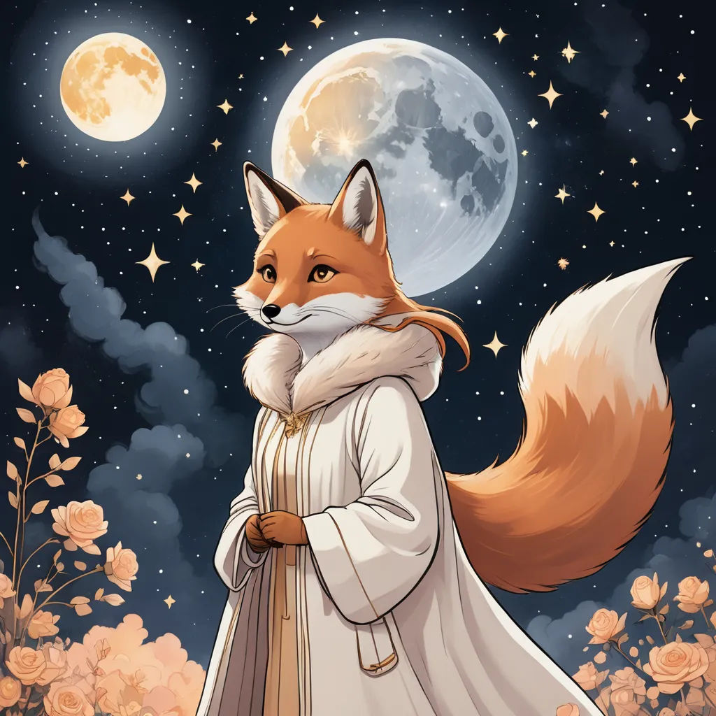 a fox dressed in a robe and a full moon in the background with roses and bushes in the foreground, furry art, a character portrait, Clarice Beckett, official art