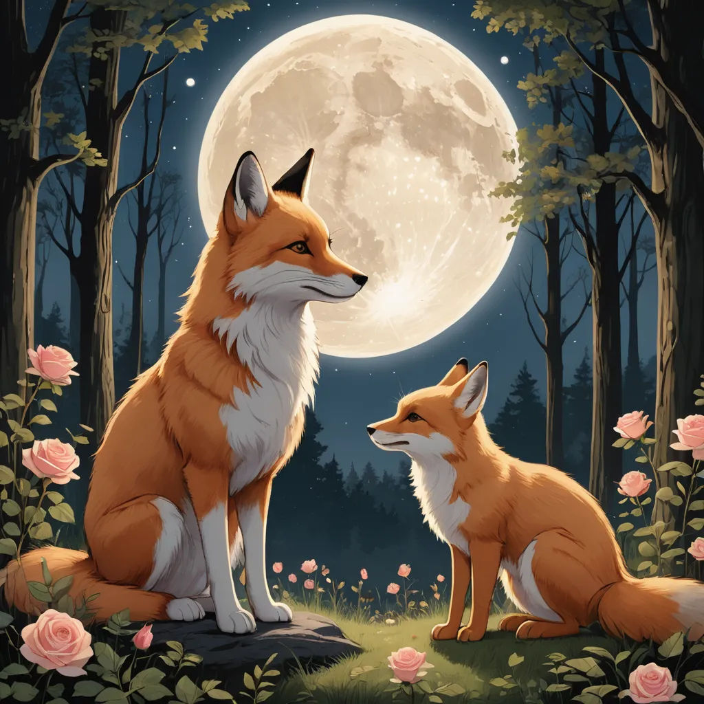 a painting of two foxes sitting in the woods at night with a full moon in the background and roses in the foreground, furry art, a storybook illustration, Dan Mumford, official art