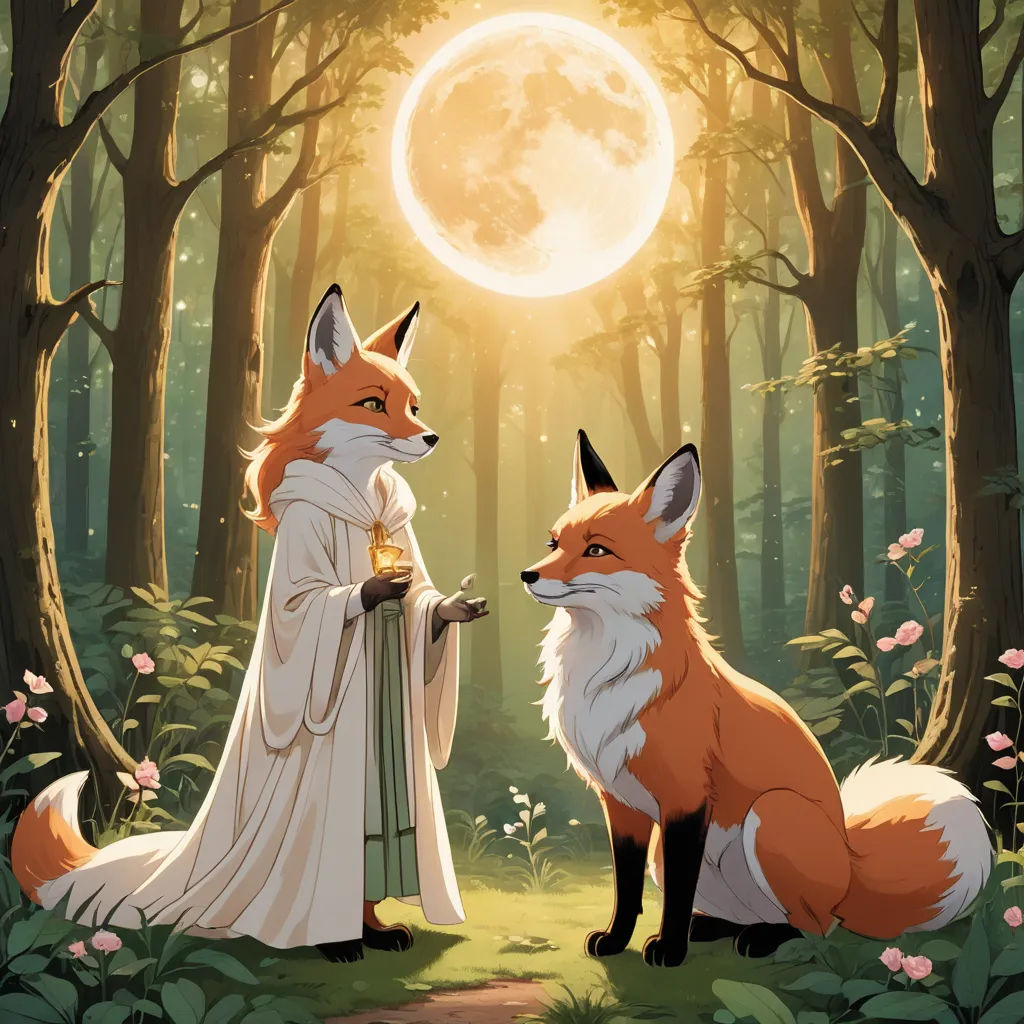 a painting of a woman and a fox in a forest with a full moon in the background, with a forest scene in the foreground, furry art, a storybook illustration, Aaron Jasinski, official art