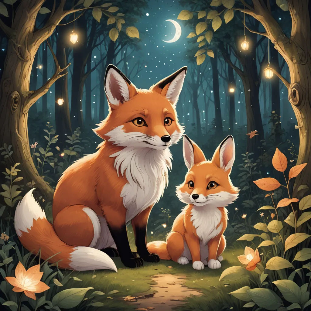 a painting of two foxes in a forest at night with a full moon in the background and a path leading to them, furry art, a storybook illustration, Dan Mumford, official art