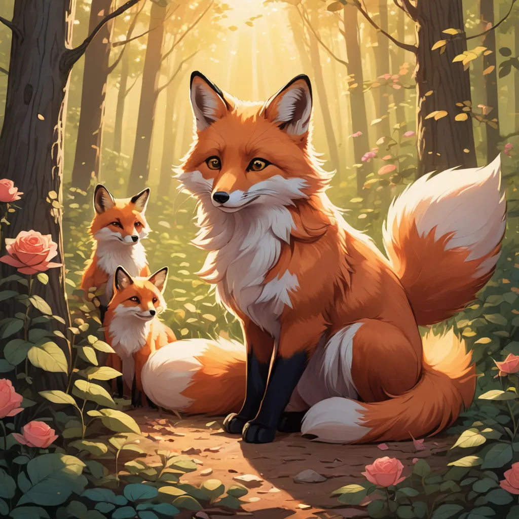 a painting of two foxes in a forest with roses and trees in the background, with sunlight coming through the trees, furry art, a fine art painting, artist, official art