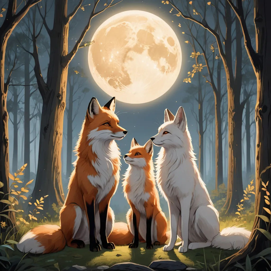 two foxes sitting in the woods with a full moon in the background, with leaves and grass around them, furry art, a storybook illustration, Cyril Rolando, official art