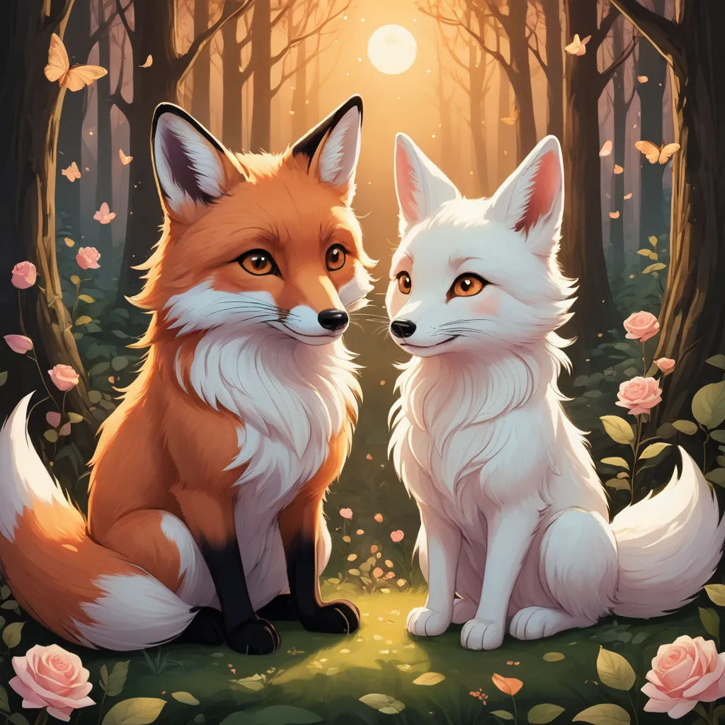 a painting of two foxes sitting in a forest with flowers and trees in the background, one of them facing the other, furry art, a painting, Cyril Rolando, official art