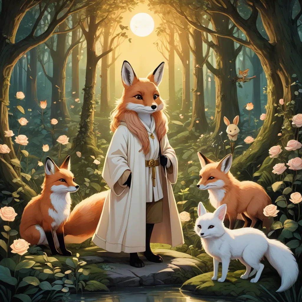 a painting of a man with a fox and two foxes in a forest with roses and roses around him, fantasy art, a storybook illustration, Aaron Jasinski, official art
