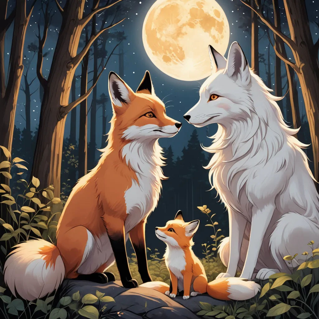 a couple of foxes sitting next to each other in a forest under a full moon sky with trees and bushes, furry art, a storybook illustration, Bálint Kiss, official art