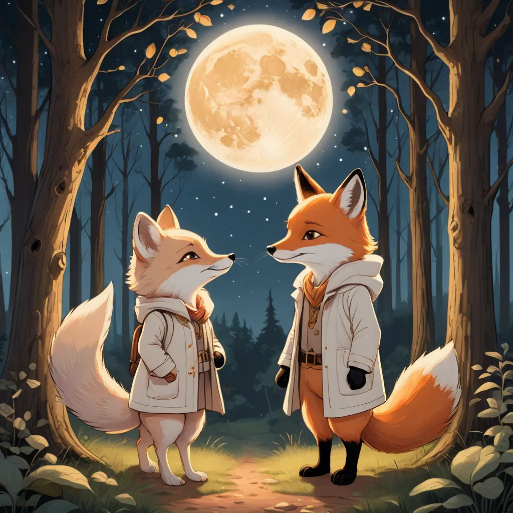 two foxes in the woods with a full moon in the background, one is looking at the other one, furry art, a storybook illustration, Caspar Wolf, official art
