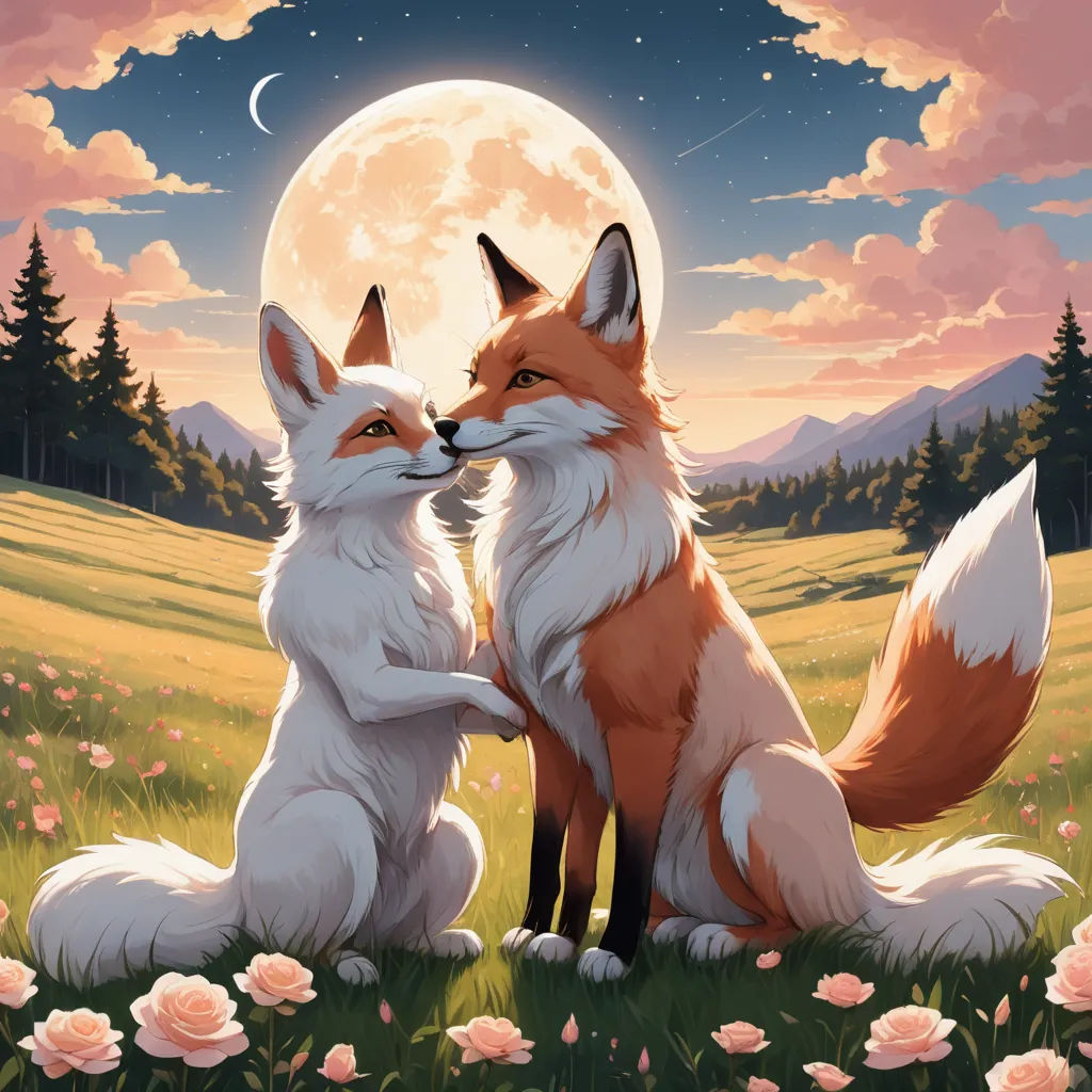 two foxes sitting in a field with a full moon in the background and pink flowers in the foreground, furry art, a storybook illustration, Bálint Kiss, official art