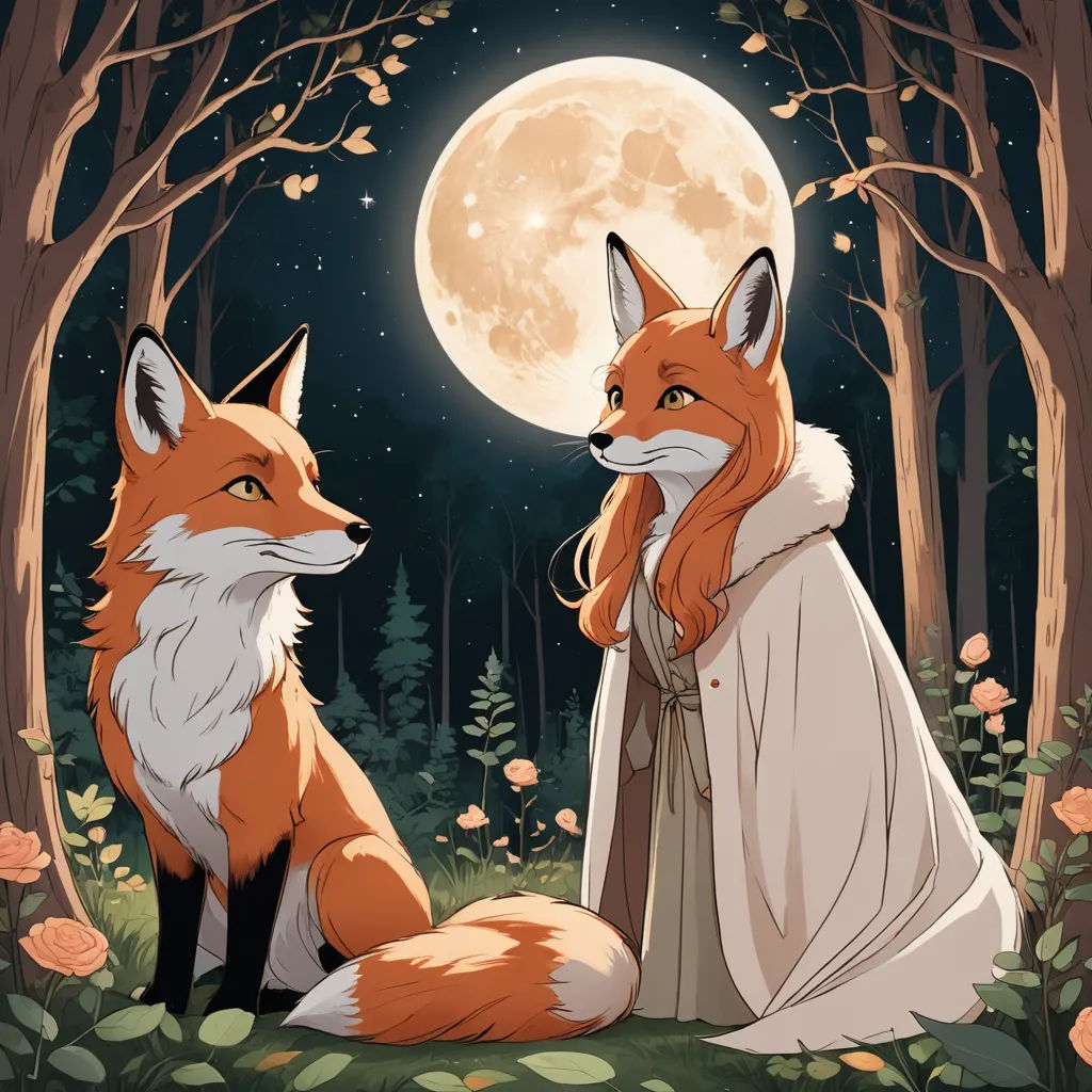 a fox and a fox in a forest with a full moon in the background, with a woman in a white dress, furry art, a storybook illustration, Anna Dittmann, trending on art station