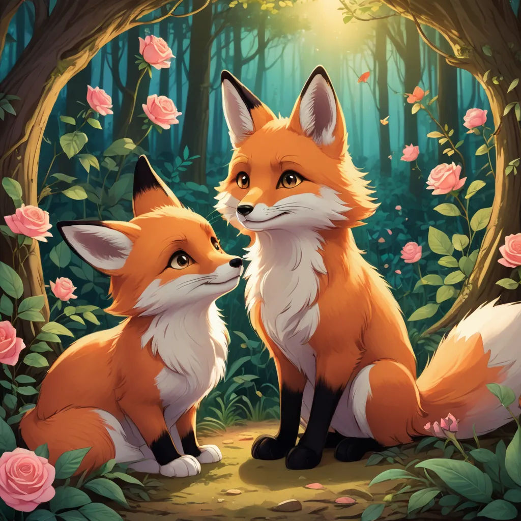 a couple of foxes sitting next to each other in a forest filled with flowers and trees with pink roses, furry art, a storybook illustration, Bálint Kiss, official art