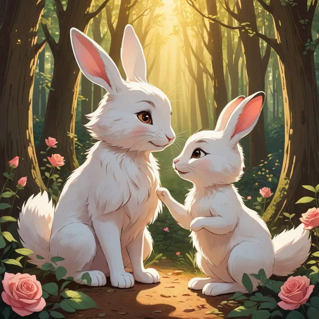 a couple of white rabbits sitting next to each other in a forest with roses and trees around them and a sun shining through the trees, furry art, a storybook illustration, Bálint Kiss, rossdraws global illumination