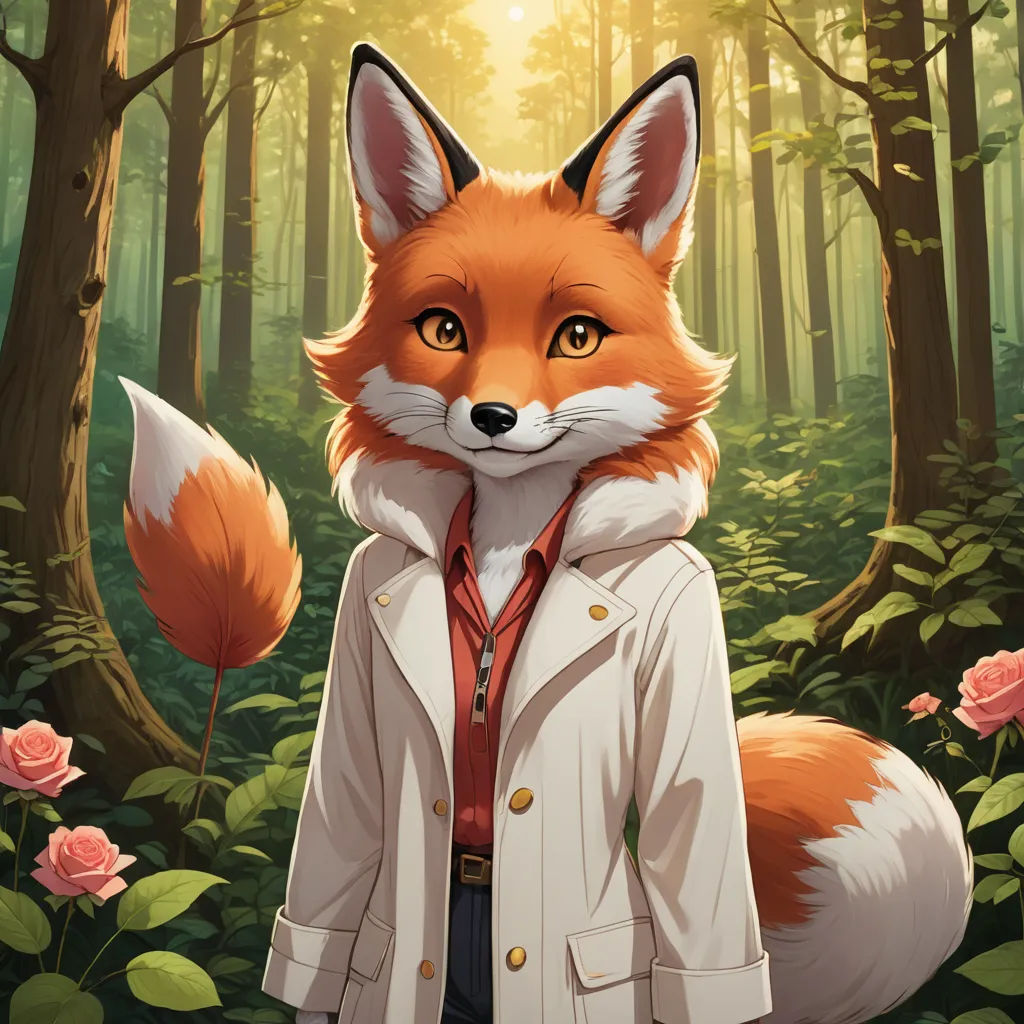 a fox in a coat standing in a forest with roses around it's neck and a man in a red tie, furry art, a character portrait, artist, official art