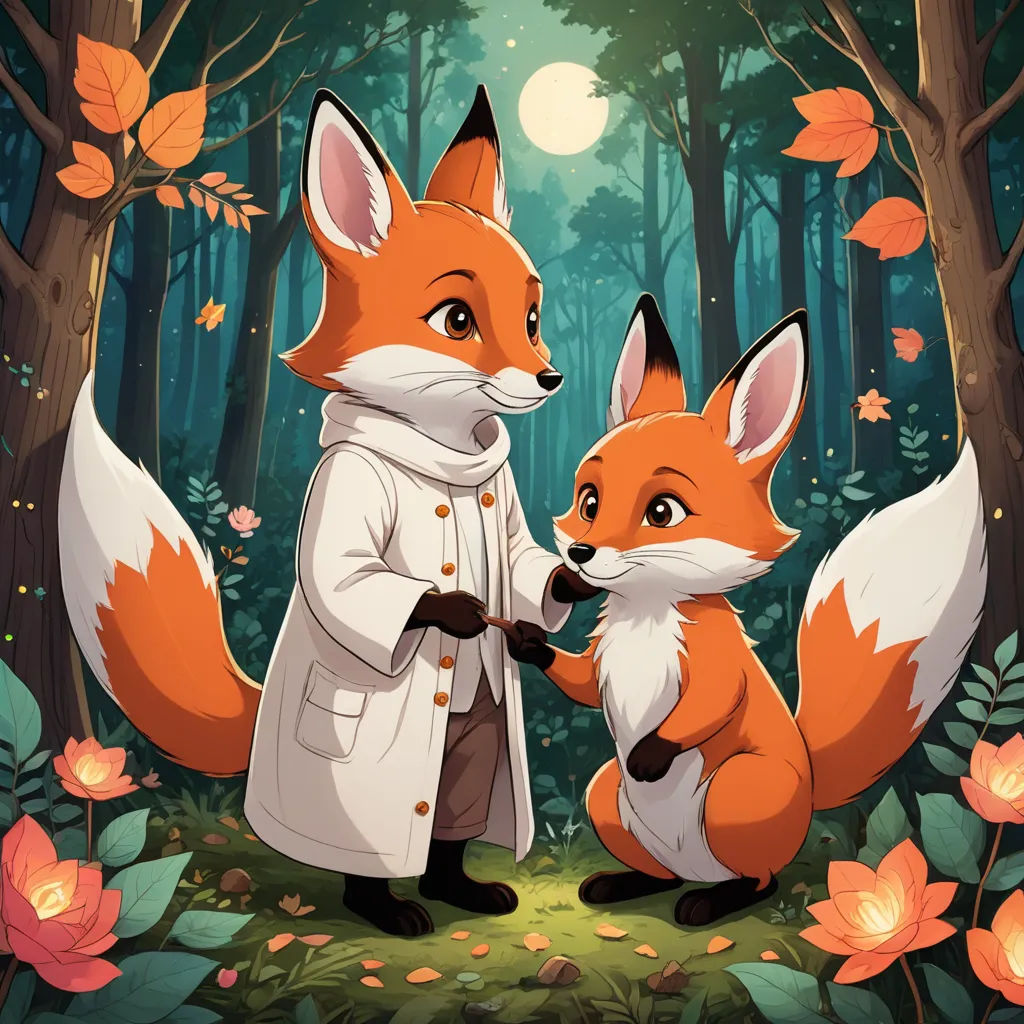 a couple of foxes standing next to each other in a forest with flowers and trees around them, with a man in a white coat and a white coat, furry art, a storybook illustration, Anne Said, official art