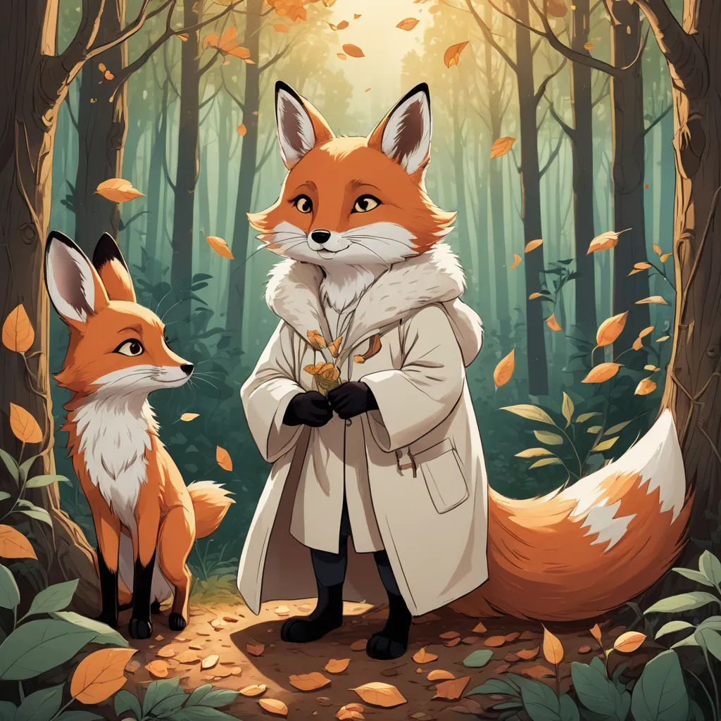 a fox and a fox in a forest with leaves on the ground and a man in a coat standing next to it, furry art, a storybook illustration, Cliff Childs, official art