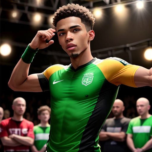 a man in a green and yellow shirt is standing in front of a crowd of people in green and red shirts