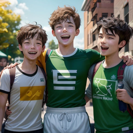 three boys are standing together in front of a building and smiling at the camera, with one boy wearing a green shirt and the other boy wearing a white shirt
