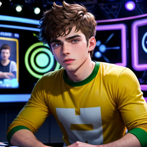a young man sitting at a table in front of a computer screen with a game character on it's screen
