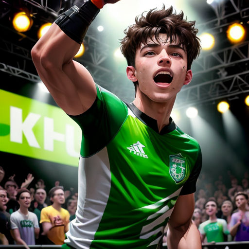 a man in a green and white shirt holding a tennis racquet in front of a crowd of people